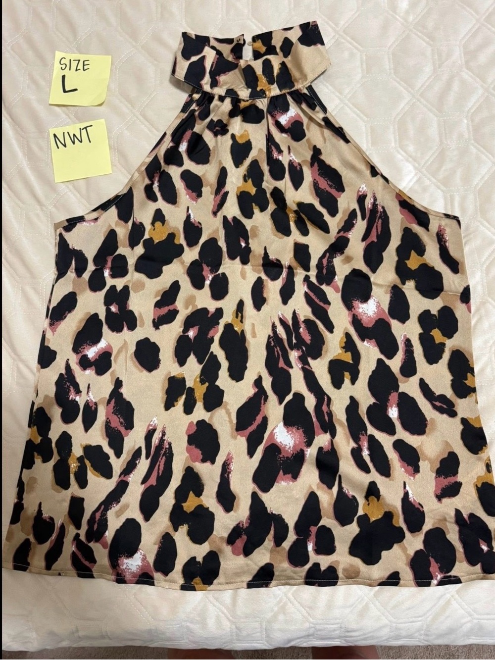Sleeveless High-Neck Leopard Print Top - Beige, Black & Pink
